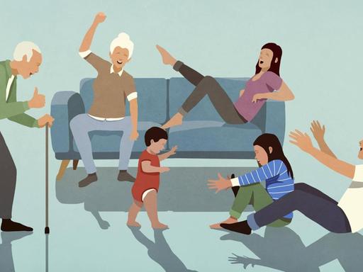 Eine fröhliche Mehr-Generationen-Familie rund um ein Sofa (Illustration)