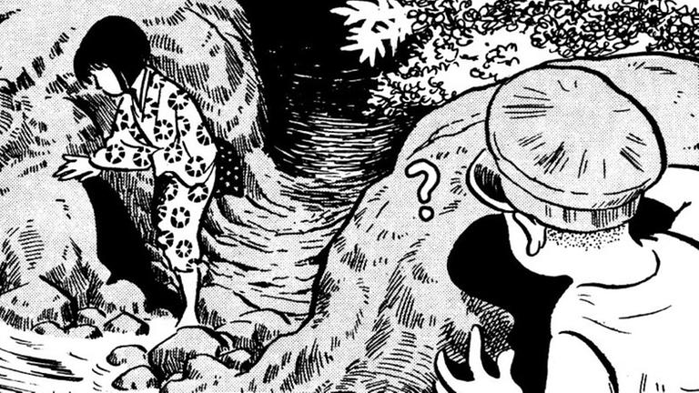 Ein Seite aus dem Manga Rote Blüten zeigt ein Mädchen und einen Jungen an einem Bachlauf. Ein Seite aus dem Manga Rote Blüten zeigt ein Mädchen und einen Jungen an einem Bachlauf.