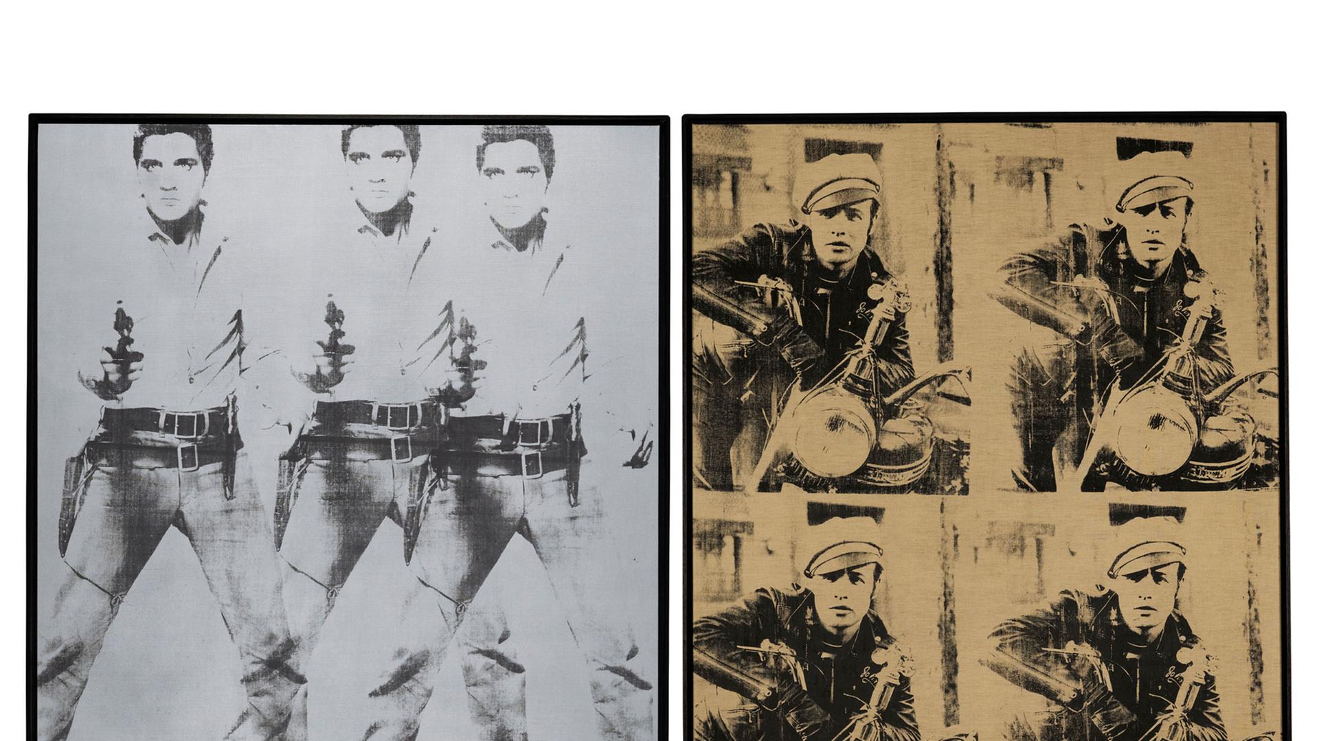 Die Andy Warhol Kunstwerke (l-r) "Triple Elvis" (1963) und "Four Marlon" (1966). Die Westdeutschen Spielbanken wollen in New York zwei ihrer wichtigsten Bilder versteigern lassen und erhoffen sich dafür 100 Millionen Euro. Die Andy Warhol Kunstwerke (l-r) "Triple Elvis" (1963) und "Four Marlon" (1966). Die Westdeutschen Spielbanken wollen in New York zwei ihrer wichtigsten Bilder versteigern lassen und erhoffen sich dafür 100 Millionen Euro.
