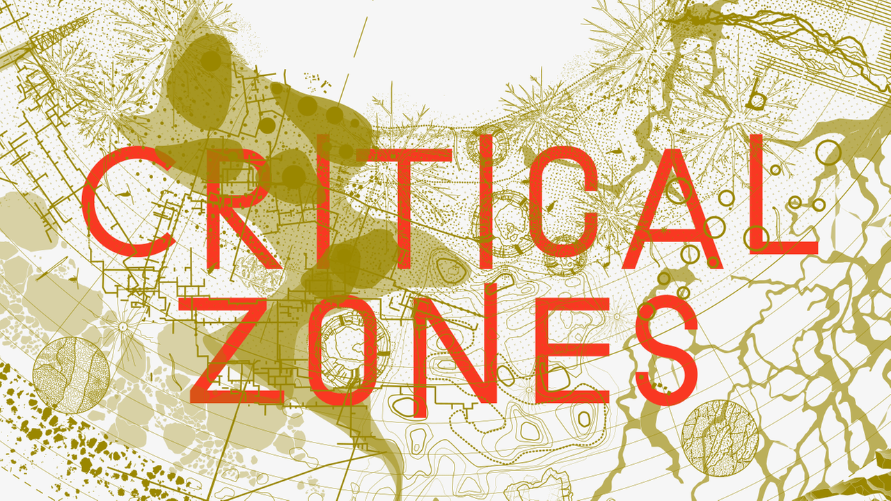 In roter Schrift steht "Critical Zones" auf einem Hintergrund mit grünen Mustern, die an biologische Zellen und geografische Karten erinnern. In roter Schrift steht "Critical Zones" auf einem Hintergrund mit grünen Mustern, die an biologische Zellen und geografische Karten erinnern.