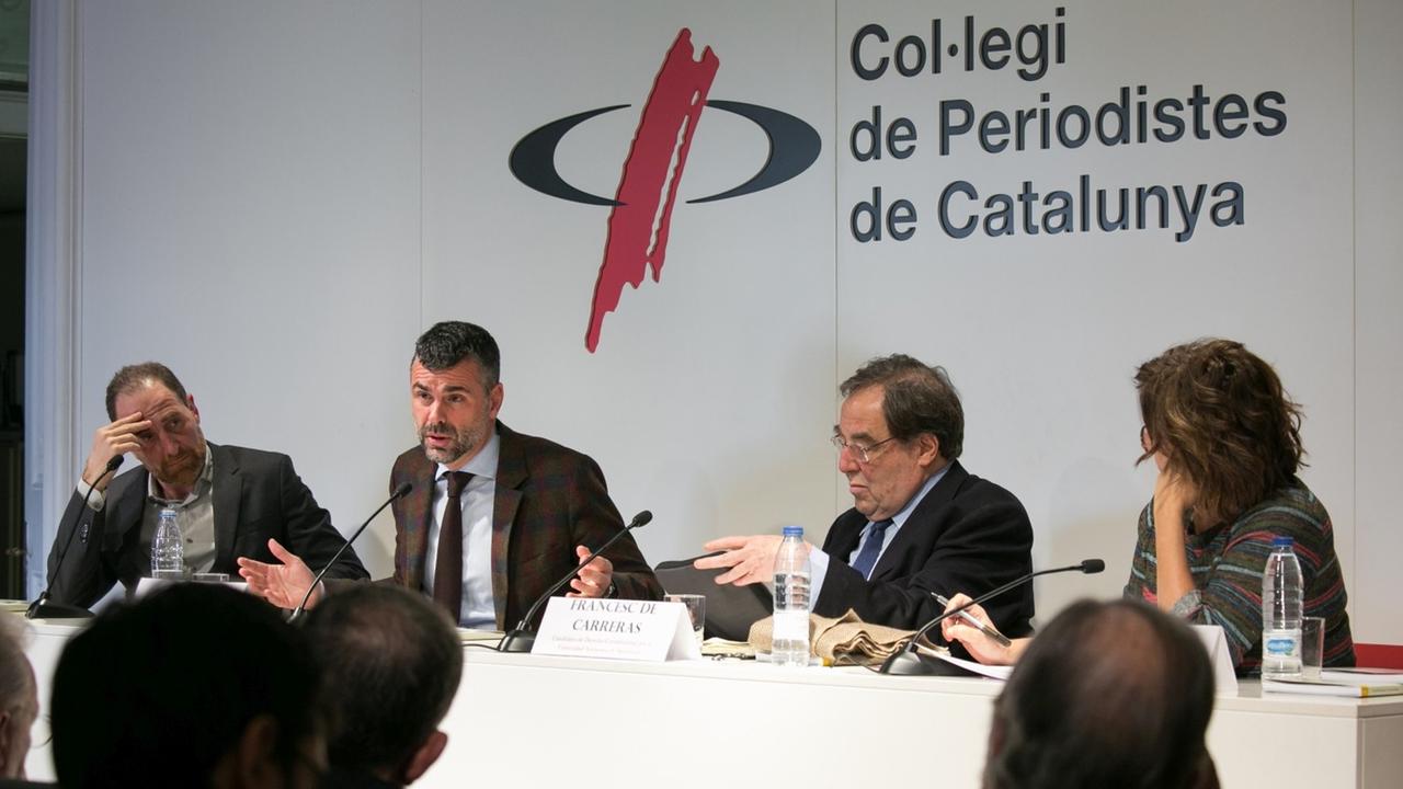 Die Diskussionsveranstaltung der Vereinigung "Periodistas Europeos" (Europäische Journalisten) mit Santi Vila und Francesc de Carreras (mittig) in Barcelona. Die Diskussionsveranstaltung der Vereinigung "Periodistas Europeos" (Europäische Journalisten) mit Santi Vila und Francesc de Carreras (mittig) in Barcelona.