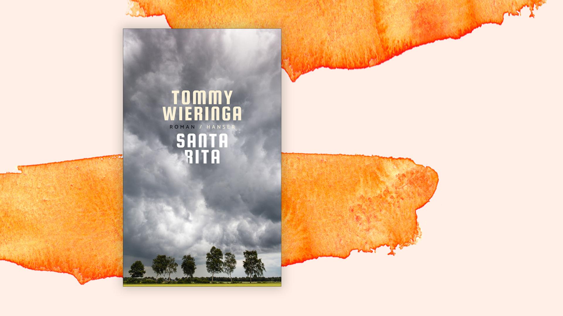 Das Cover von Tommy Wieringas Buch "Santa Rita" zeigt einen dunkel-bewölkten Himmel über Feldern und einzel stehenden Bäumen. Es ist auf einem orangenen Aquarell-Hintergrund abgebildet. Das Cover von Tommy Wieringas Buch "Santa Rita" zeigt einen dunkel-bewölkten Himmel über Feldern und einzel stehenden Bäumen. Es ist auf einem orangenen Aquarell-Hintergrund abgebildet.
