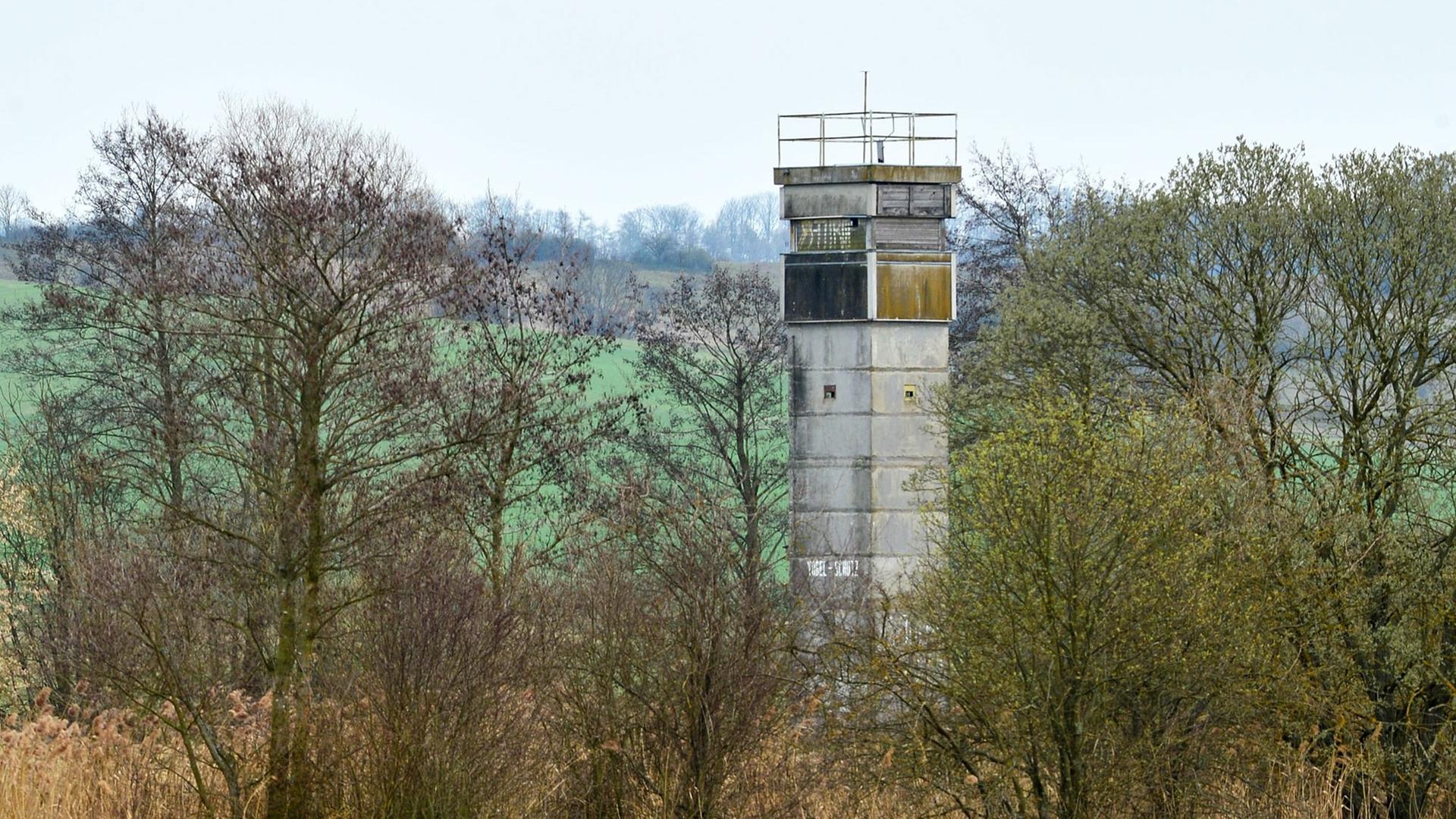 Grenzturm bei Milz in Thüringen auf dem früheren Todesstreifen, der heutigen Grenze zwischen Thüringen und Bayern. Knapp 1400 Kilometer zieht sich das "Grüne Band" auf der einstigen DDR-Staatsgrenze von der Ostsee bis ins Vogtland und erstreckt sich dabei über mehr als 100 verschiedene Biotoptypen. Grenzturm bei Milz in Thüringen auf dem früheren Todesstreifen, der heutigen Grenze zwischen Thüringen und Bayern. Knapp 1400 Kilometer zieht sich das "Grüne Band" auf der einstigen DDR-Staatsgrenze von der Ostsee bis ins Vogtland und erstreckt sich dabei über mehr als 100 verschiedene Biotoptypen.