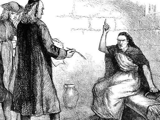 Die historische Zeichnung zeigt Martha Corey. Sie wurde 1692 in den Hexenprozessen von Salem als Hexe angeklagt und hingerichtet.