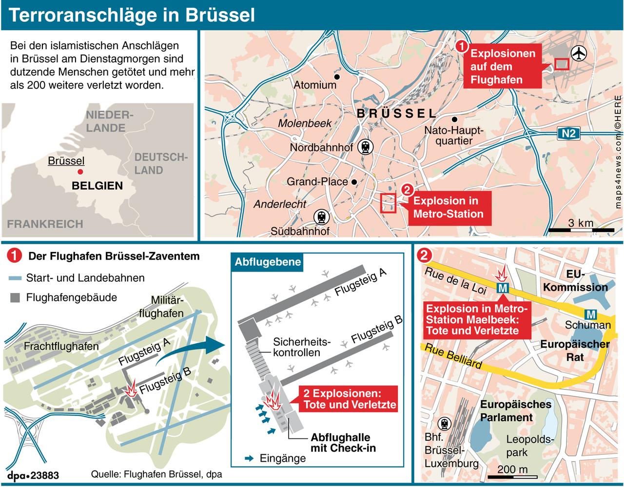 Übersichtsgrafik zu den Terroranschlägen in Brüssel vom 22.03.2016. Übersichtsgrafik zu den Terroranschlägen in Brüssel vom 22.03.2016.
