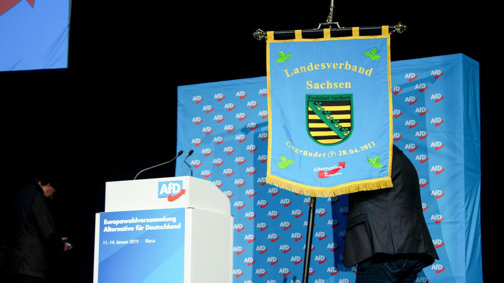 Ein Teilnehmer trägt vor Beginn der Europawahlversammlung der Alternative für Deutschland in der Sachsen-Arena die Fahne des Landesverbandes Sachsen auf die Bühne. Ein Teilnehmer trägt vor Beginn der Europawahlversammlung der Alternative für Deutschland in der Sachsen-Arena die Fahne des Landesverbandes Sachsen auf die Bühne.