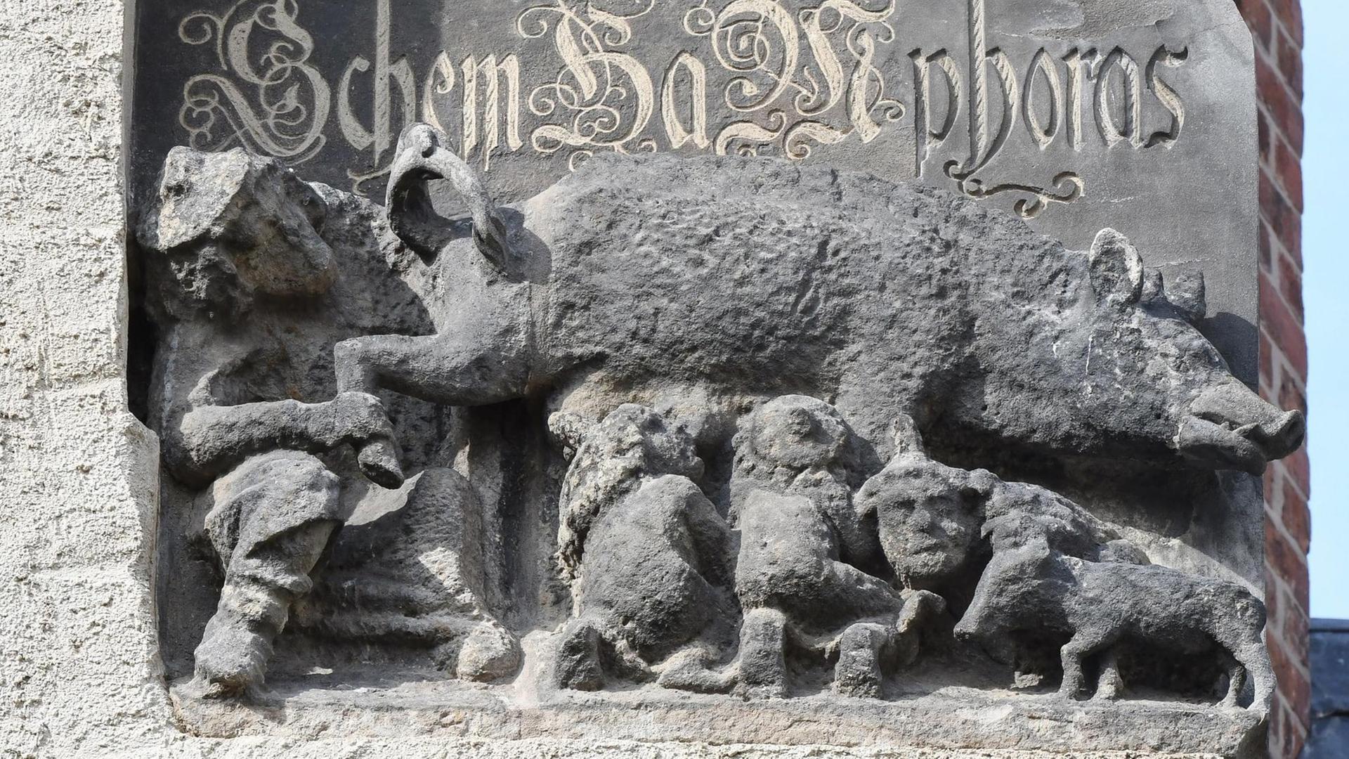 Die Skulptur aus Stein zeigt eine Sau und zwei Menschen, die Milch von der Sau trinken. Die Skulptur aus Stein zeigt eine Sau und zwei Menschen, die Milch von der Sau trinken.