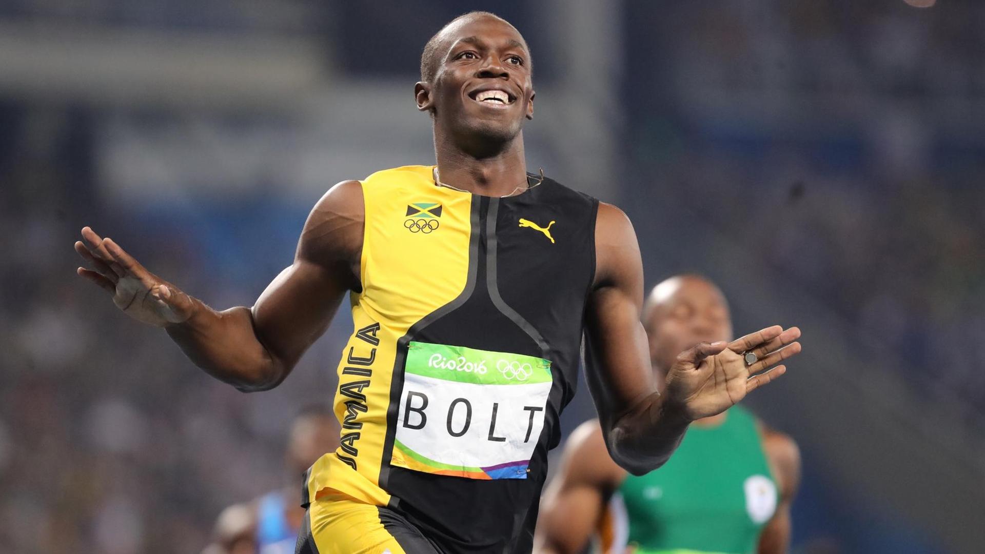 Usain Bolt jubelt nach dem 100-Meter-Finale bei den Olympischen Spielen in Rio de Janeiro