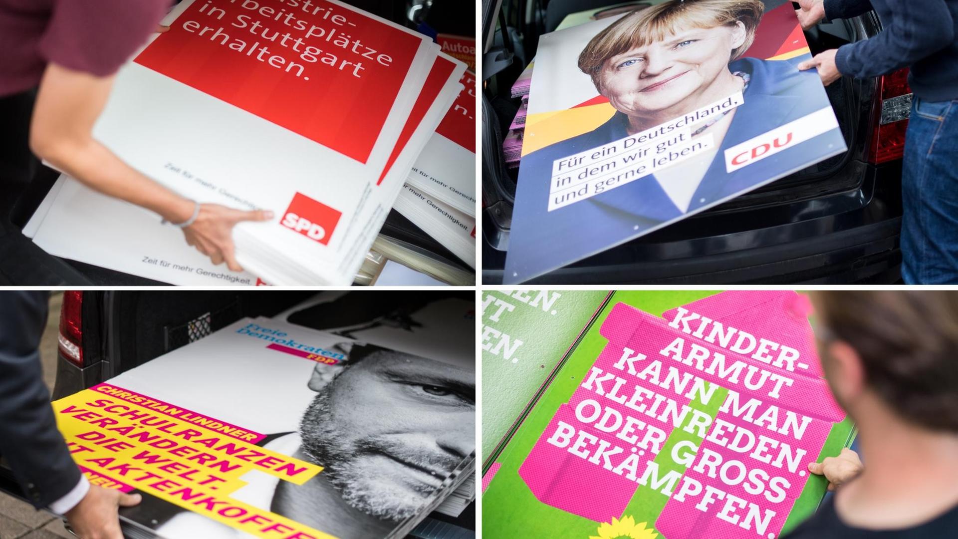 Wahlkämpfer von SPD, CDU, FDP und Bündnis 90/Die Grünen bereiten in Stuttgart Wahlkampfplakate ihrer Partei für das Aufhängen vor.