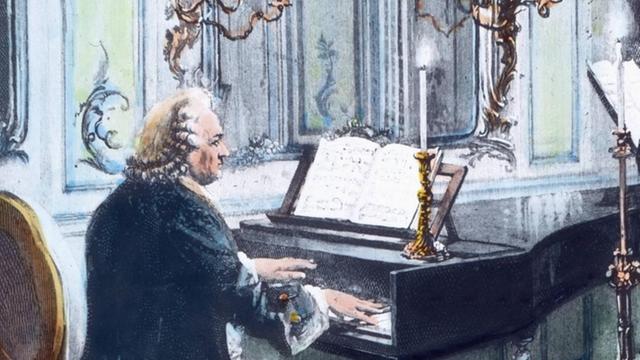 Auszug aus einer idealisierten Illustration, auf der Bach mit Perücke am Cembalo spielend zu sehen ist.