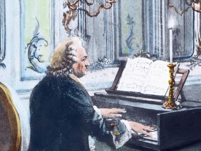 Auszug aus einer idealisierten Illustration, auf der Bach mit Perücke am Cembalo spielend zu sehen ist.