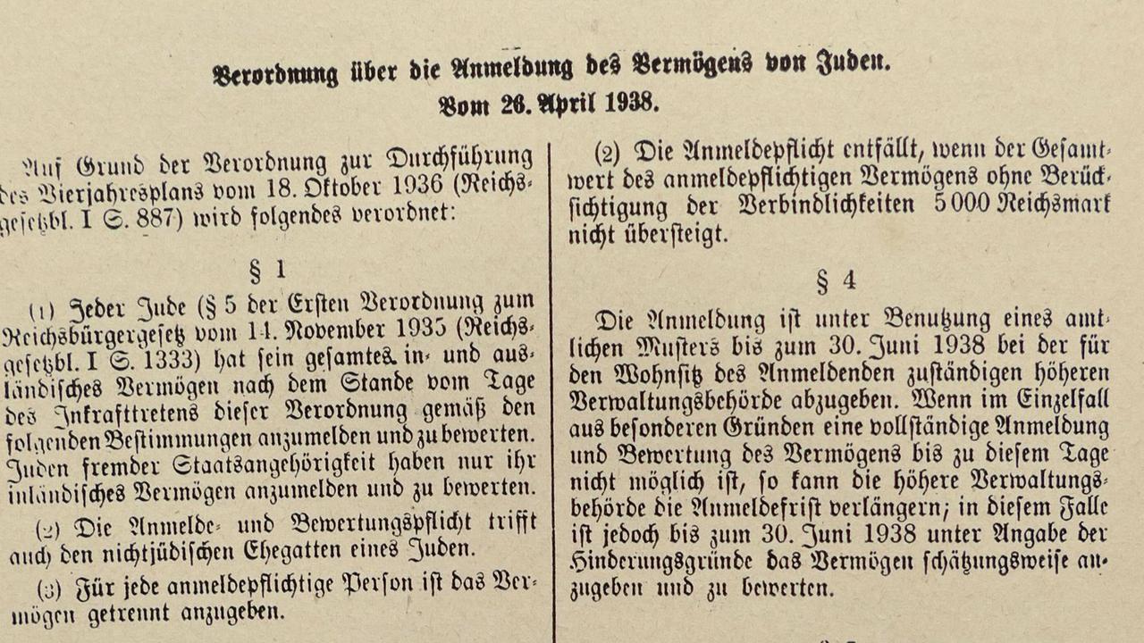 NS-Recht über die Rechtsstellung der Juden 26. April 1938. Auf einem von den Verwaltungsbehörden ausgestellten Formular muss jeder Jude seinen gesamten in- und ausländischen Besitz von über 5000 Reichsmark registrieren und bewerten. NS-Recht über die Rechtsstellung der Juden 26. April 1938. Auf einem von den Verwaltungsbehörden ausgestellten Formular muss jeder Jude seinen gesamten in- und ausländischen Besitz von über 5000 Reichsmark registrieren und bewerten.