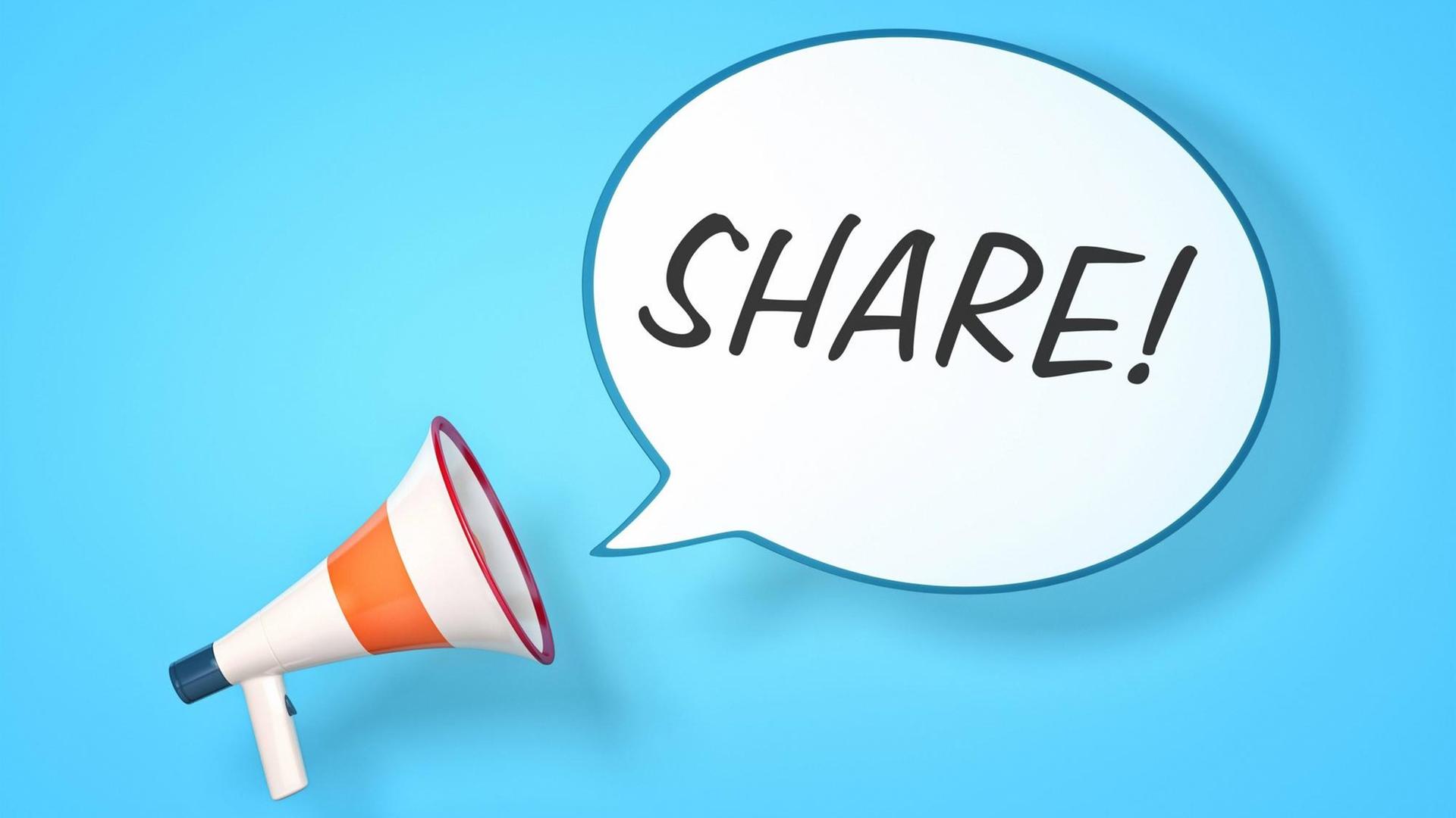 Megaphon mit Sprechblase "Share" vor blauem Hintergrund Megaphon mit Sprechblase "Share" vor blauem Hintergrund