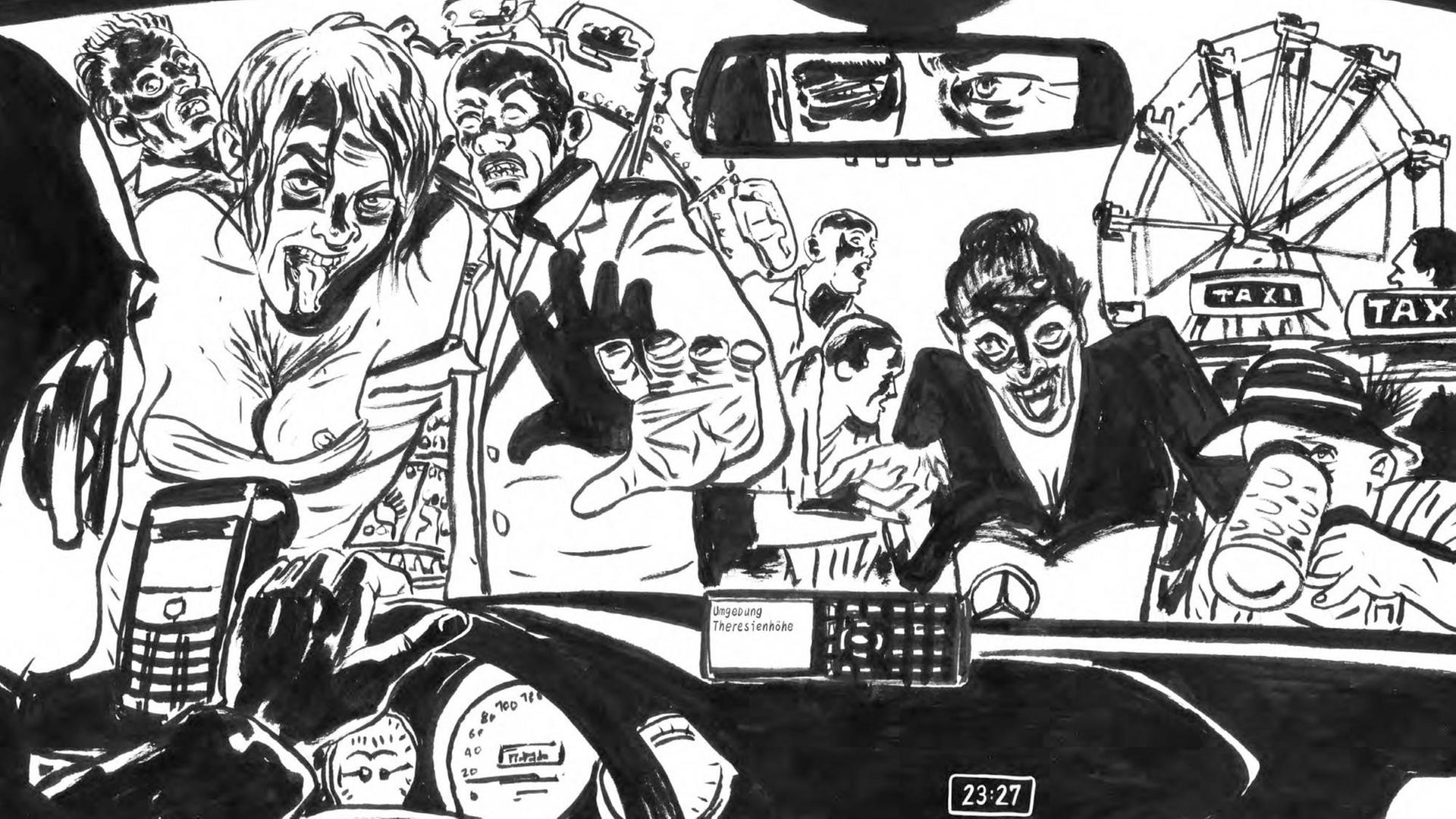 Szene aus der Graphic Novel "Nachts im Paradies" von Frank Schmolke . Der Autor zeichnet in schwarzweiss Bildern die Geschichte des Münchner Taxifahrers Vincent und zeigt eindringlich die ungewisse Zukunft des Taxigewerbes und die Kehrseite des Münchner Oktoberfestes. Szene aus der Graphic Novel "Nachts im Paradies" von Frank Schmolke . Der Autor zeichnet in schwarzweiss Bildern die Geschichte des Münchner Taxifahrers Vincent und zeigt eindringlich die ungewisse Zukunft des Taxigewerbes und die Kehrseite des Münchner Oktoberfestes.