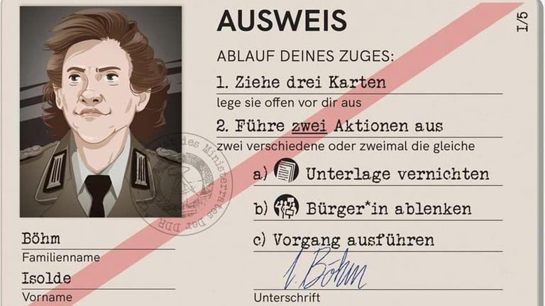 Illustration eines Stasi-Ausweises für das Kartenspiel »Stasi raus, es ist aus!«. Illustration eines Stasi-Ausweises für das Kartenspiel »Stasi raus, es ist aus!«.