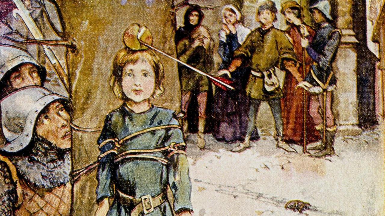 Eine Illustration von 1925 zeigt eine Szene aus Wilhelm Tell. Der Tyrann Gessler zwingt ihn einen Apfel auf dem Kopf eines Kindes mit einem Pfeil zu treffen. Eine Illustration von 1925 zeigt eine Szene aus Wilhelm Tell. Der Tyrann Gessler zwingt ihn einen Apfel auf dem Kopf eines Kindes mit einem Pfeil zu treffen.