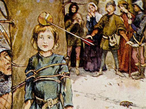Eine Illustration von 1925 zeigt eine Szene aus Wilhelm Tell. Der Tyrann Gessler zwingt ihn einen Apfel auf dem Kopf eines Kindes mit einem Pfeil zu treffen.