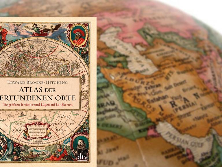Buchcover "Atlas der erfundenen Orte" von Edward Brooke-Hitching, im Hintergrund ein Globus
