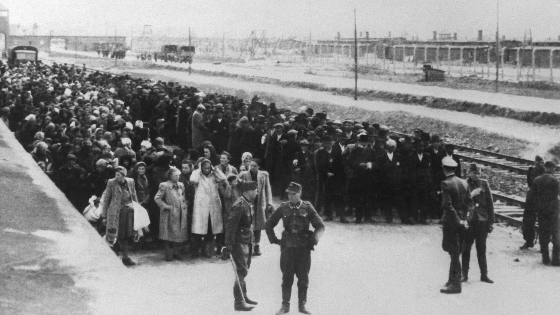 Neu angekommene Häftlinge haben auf der Todesrampe im KZ Auschwitz Aufstellung genommen. Links Frauen und Kinder, rechts die Männer. Anschließend wird mit der Selektion begonnen. Neu angekommene Häftlinge haben auf der Todesrampe im KZ Auschwitz Aufstellung genommen. Links Frauen und Kinder, rechts die Männer. Anschließend wird mit der Selektion begonnen.
