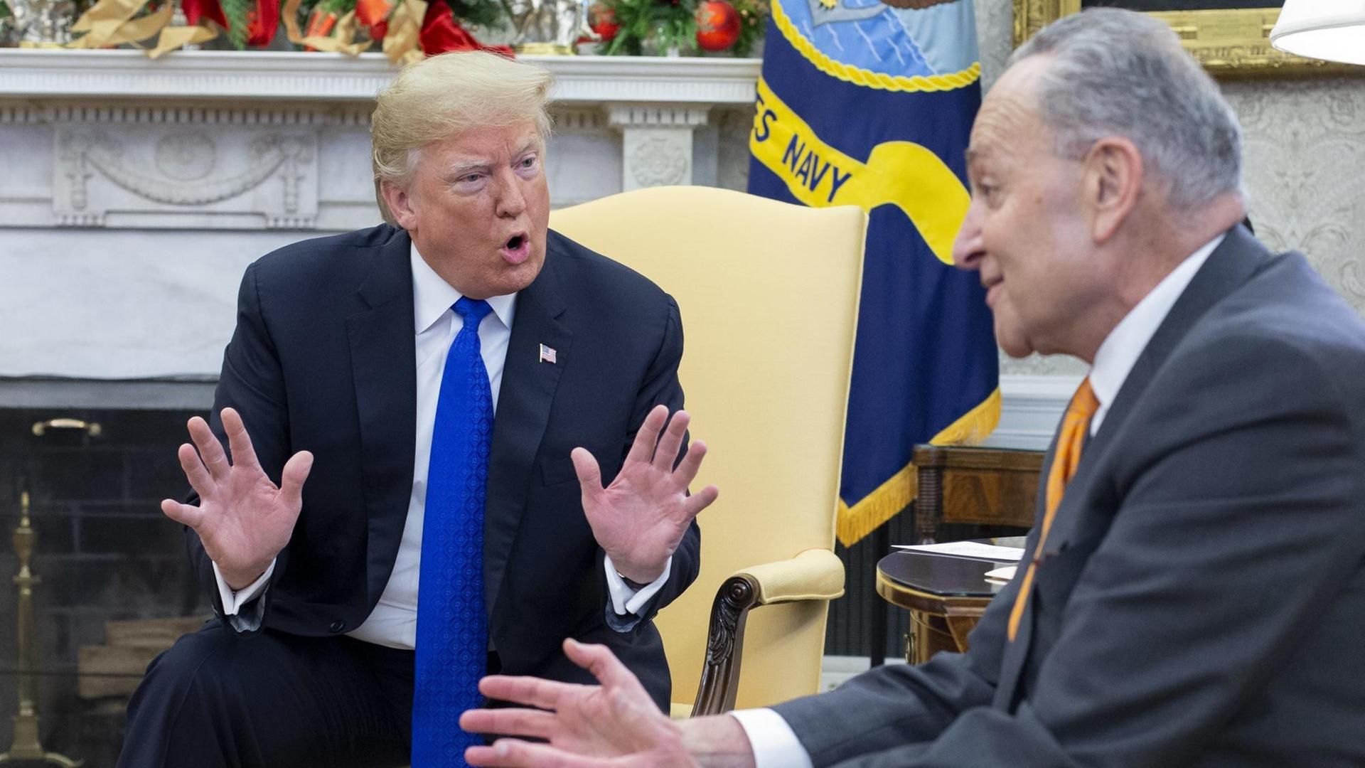 US-Präsident Donald Trump (li.) spricht mit Chuck Schumer, dem Fraktionsführer der Demokraten im US-Senat über den geplanten Mauerbau an der Grenze zu Mexiko. US-Präsident Donald Trump (li.) spricht mit Chuck Schumer, dem Fraktionsführer der Demokraten im US-Senat über den geplanten Mauerbau an der Grenze zu Mexiko.
