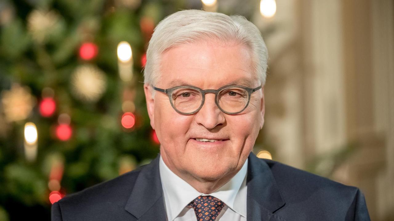 Bundespräsident Frank-Walter Steinmeier steht vor einem Weihnachtsbaum im Schloss Bellevue Bundespräsident Frank-Walter Steinmeier steht vor einem Weihnachtsbaum im Schloss Bellevue