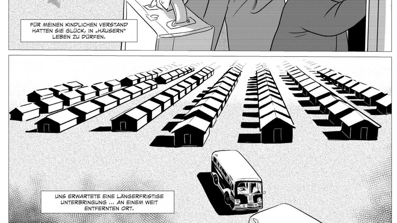 Ausschnitt einer Seite aus der Graphic Novel von George Takei "They Called Us Enemy". Ausschnitt einer Seite aus der Graphic Novel von George Takei "They Called Us Enemy".
