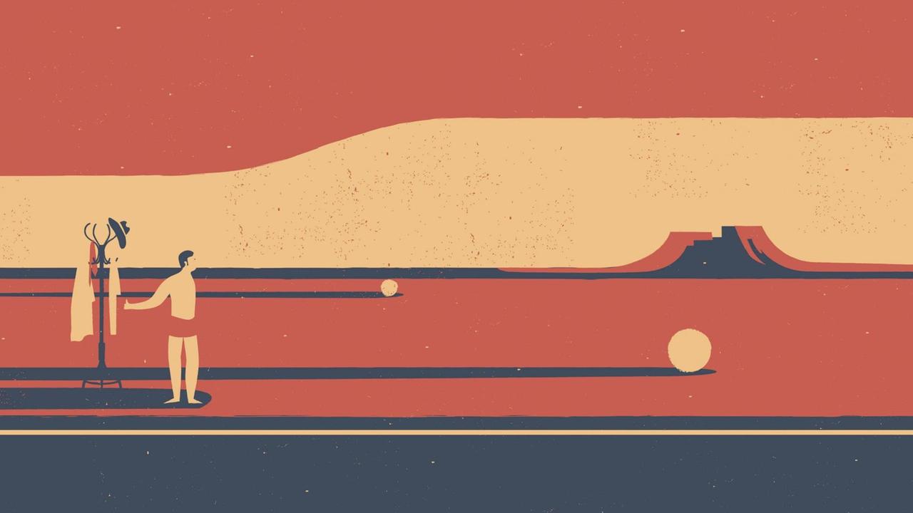 Illustration eins Anhalters in der Wüste, der seine Kleidung auf einen Kleiderständer hängt und sich auf eine lange Wartezeit vorbeireitet. Illustration eins Anhalters in der Wüste, der seine Kleidung auf einen Kleiderständer hängt und sich auf eine lange Wartezeit vorbeireitet.
