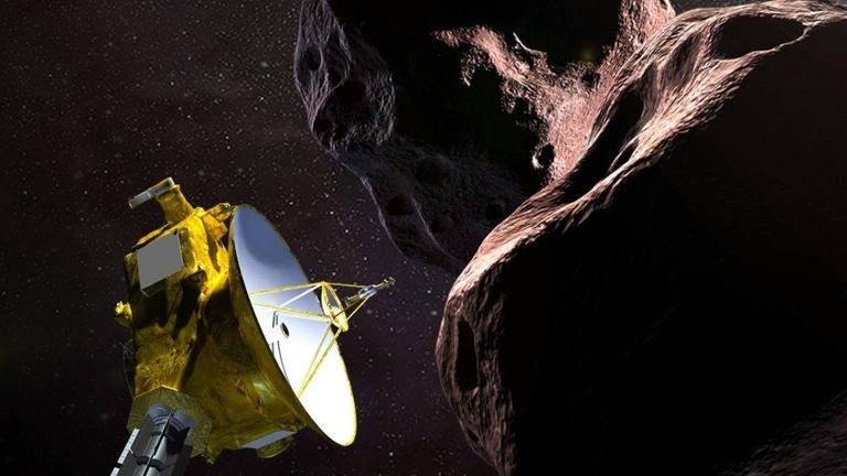 Künstlerische Darstellung: Die Raumsonde "New Horizons" fliegt am Asteroiden Ultima Thule vorbei Künstlerische Darstellung: Die Raumsonde "New Horizons" fliegt am Asteroiden Ultima Thule vorbei