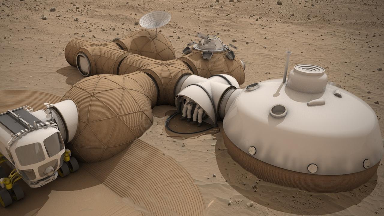 Das gerenderte Modell einer Marsbasis aus dem Projekt LavaHive Das gerenderte Modell einer Marsbasis aus dem Projekt LavaHive