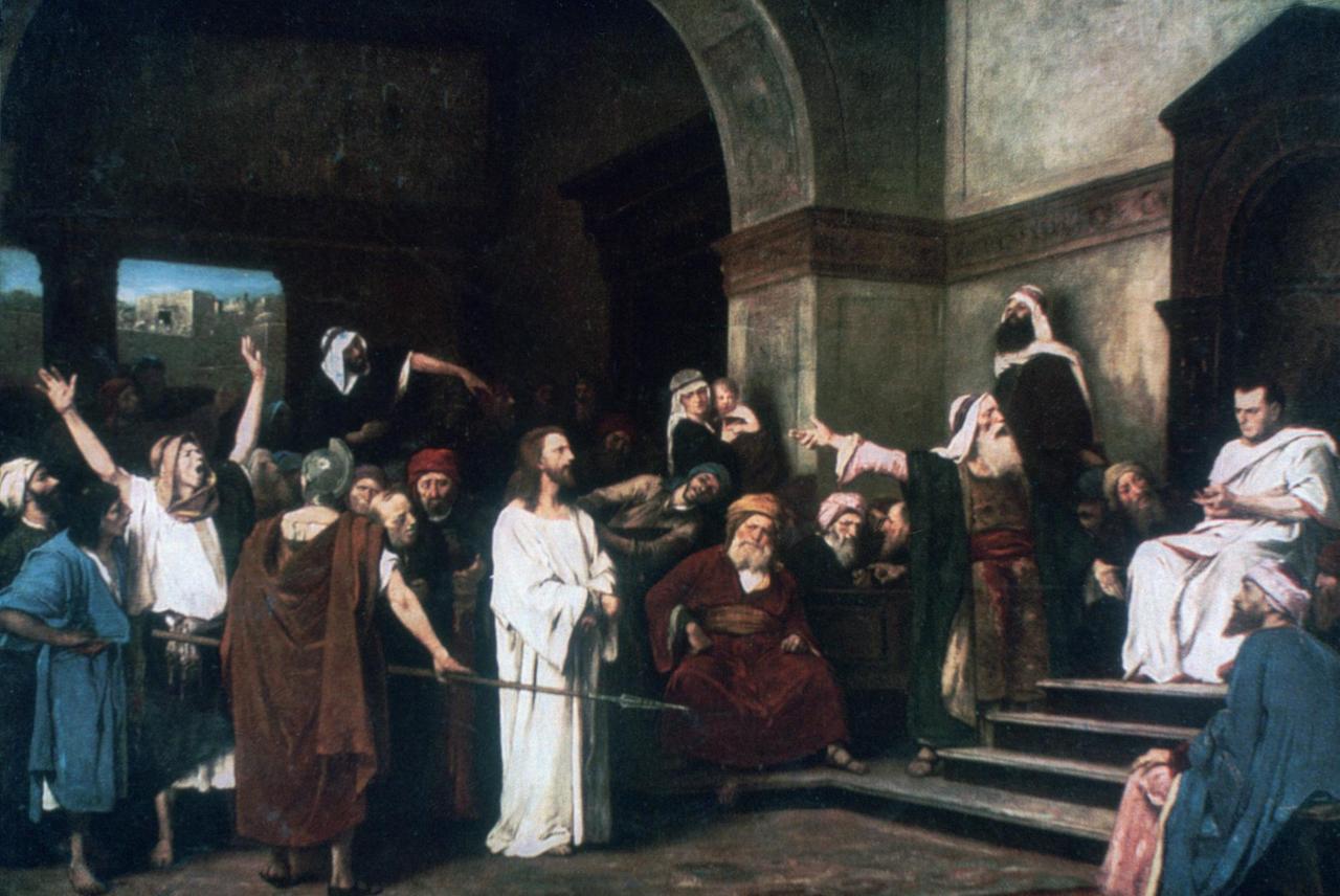 Jesus vor Pontius Pilatus, dargestellt auf einem Gemälde von Mihaly Munkacsy aus dem Jahr 1881 Jesus vor Pontius Pilatus, dargestellt auf einem Gemälde von Mihaly Munkacsy aus dem Jahr 1881