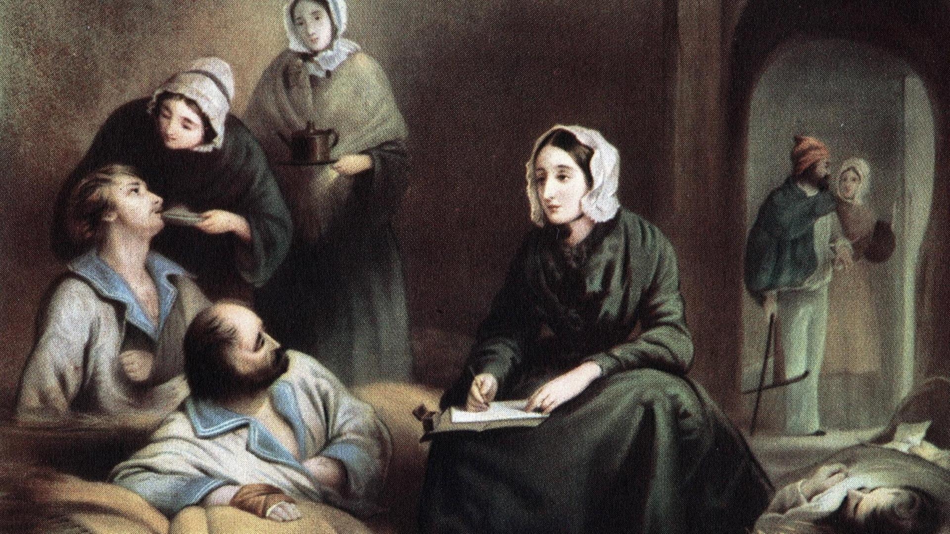 Eine Malerei zeigt die die Britische Krankenschwester Florence Nightingale, wie sie 1855 im Krankenhaus von Skutari Briefe für verwundete Soldaten des Krimkrieges schreibt.