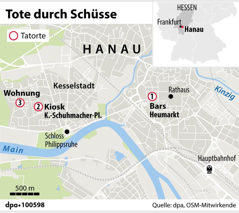 Grafik-Karte mit den Tatorten in Hanau