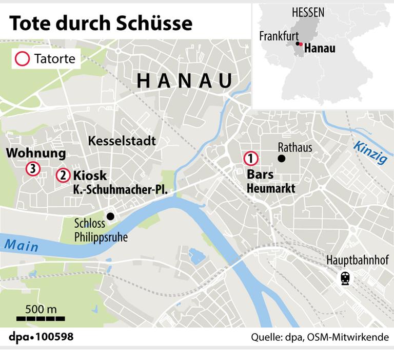 Grafik-Karte mit den Tatorten in Hanau Grafik-Karte mit den Tatorten in Hanau