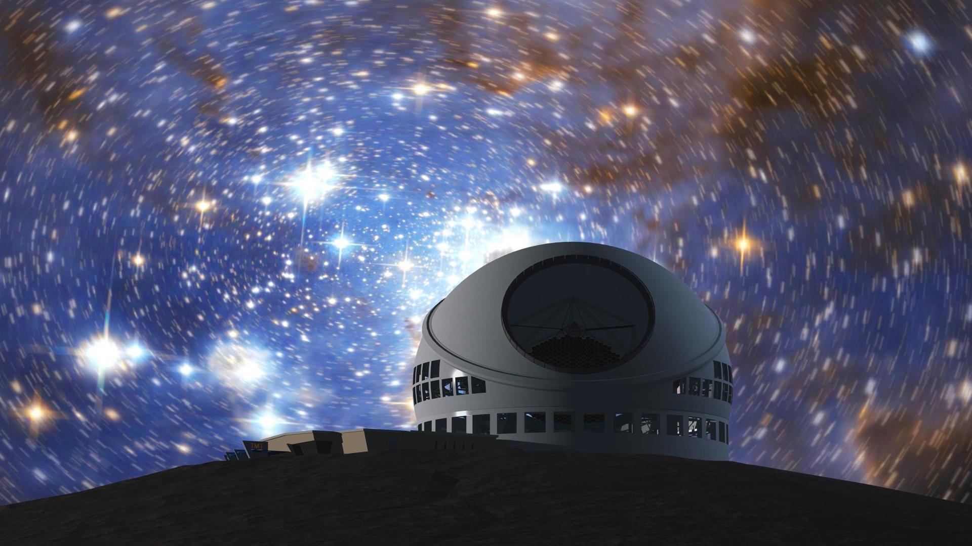 Das geplante Thirty-Meter-Teleskop (TMT) auf dem Vulkan Mauna Kea/Hawaii; Illustration des geplanten Teleskops