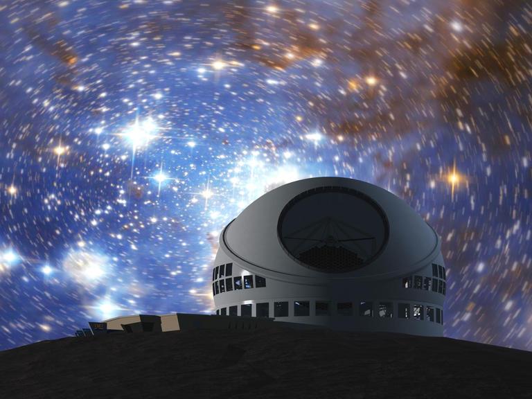 Das geplante Thirty-Meter-Teleskop (TMT) auf dem Vulkan Mauna Kea/Hawaii; Illustration des geplanten Teleskops