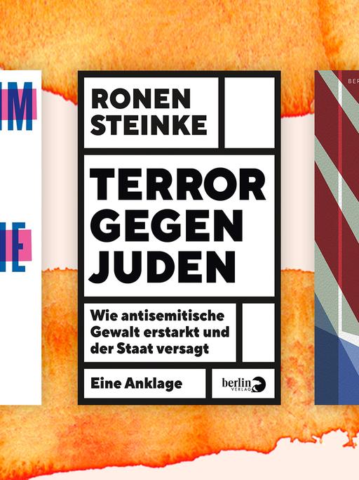 Die Cover der drei Toptitel der Sachbuchbestenliste für den September 2020 sind vor orangefarbenem Hintergrund zu sehen: Omri Boehm: Israel eine Utopie, Ronen Steinke: Terror gegen Juden, Eliot Weinberger: Neulich in Amerika.