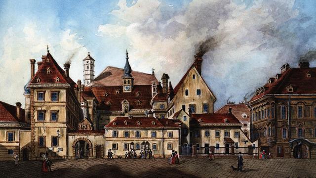 Das alte Landhaus in der Herrengasse, ein wichtiges Zentrum der Protestanten (historische Darstellung aus dem 19. Jahrhundert)