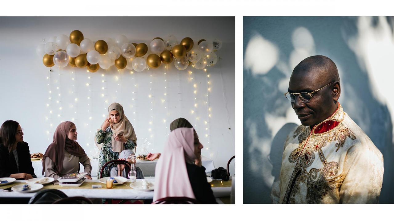 Links sind mehrere Frauen an einer langen Tafel vor einem Buffet zu sehen – an der Wand hinter ihnen hängen goldene, weiße und durchsichtige Luftballons sowie ein Lichterkettenvorhang. Das rechte Bild zeigt das Portrait eines Mannes in traditionell-festlicher Kleidung. Links sind mehrere Frauen an einer langen Tafel vor einem Buffet zu sehen – an der Wand hinter ihnen hängen goldene, weiße und durchsichtige Luftballons sowie ein Lichterkettenvorhang. Das rechte Bild zeigt das Portrait eines Mannes in traditionell-festlicher Kleidung.