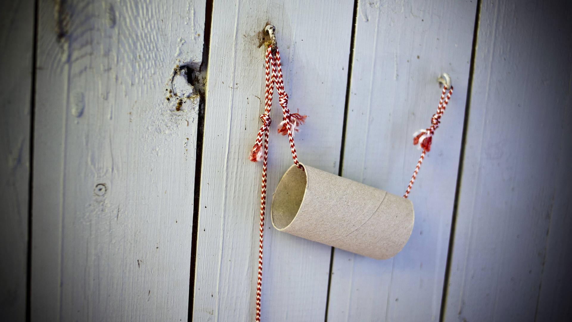 Eine leere Rolle Toilettenpapier hängt an einem rot-weißen Band an einer Bretterwand. Eine leere Rolle Toilettenpapier hängt an einem rot-weißen Band an einer Bretterwand.