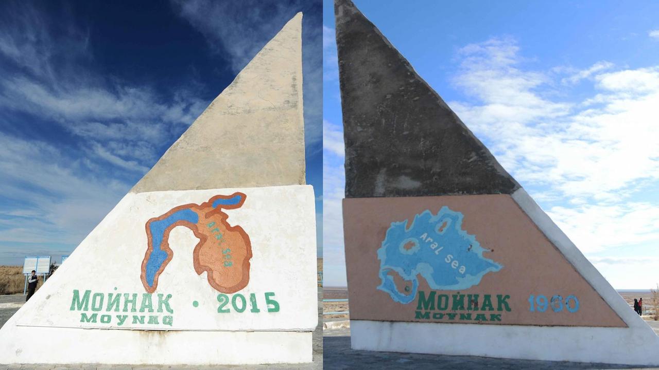 Karten des Aralsees, einst des viertgrößten Sees der Welt, für die Jahre 1960 und 2015
