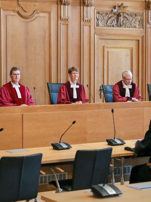 Die Richter Stefan Liebler (l-r), Peter Wysk, die Vorsitzende Renate Philipp, Till Oliver Rothfuß und Markus Kenntner sitzen vor der Urteilsverkündung im Prozess um die Tötung männlicher Hühnerküken im Bundesverwaltungsgericht.