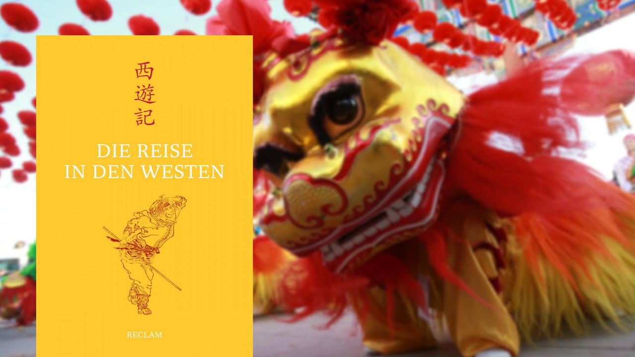 Beijing, China: Der Löwentanz im Ditan Park und das Cover des Buches "Die Reise in den Westen".