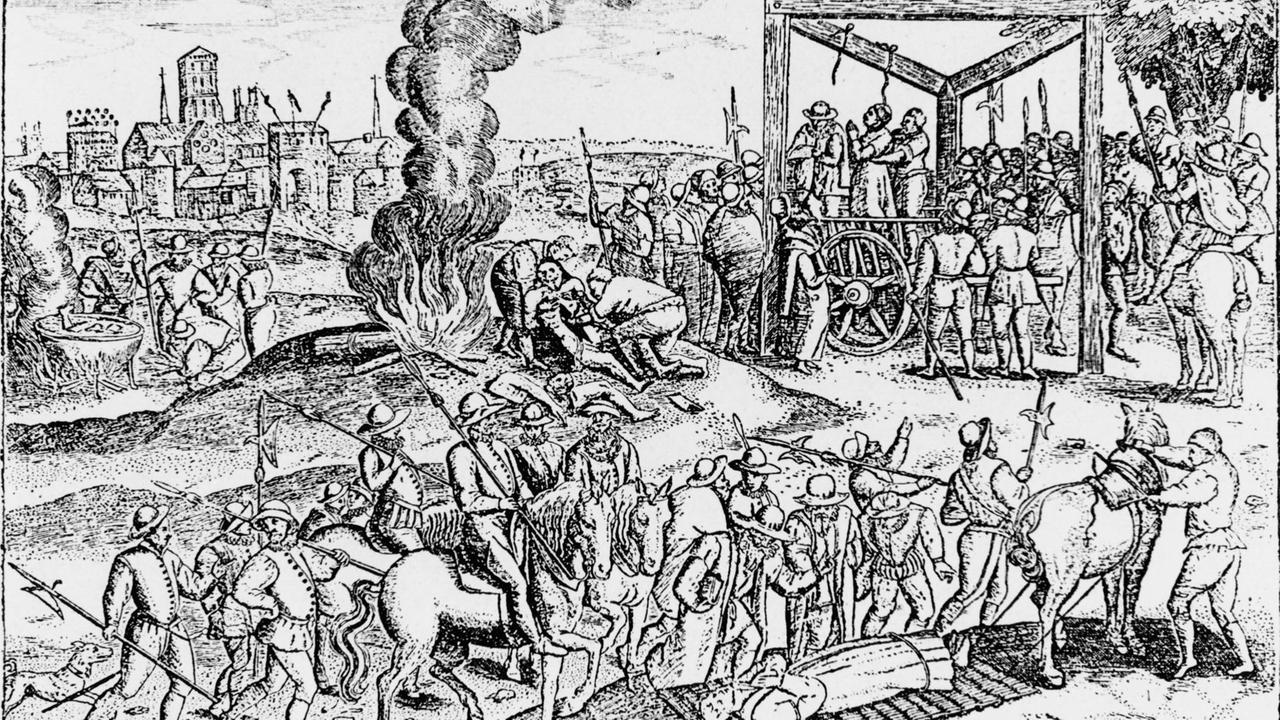 Hinrichtung Reformierter in England 1553, zeitgenössische Radierung Hinrichtung Reformierter in England 1553, zeitgenössische Radierung