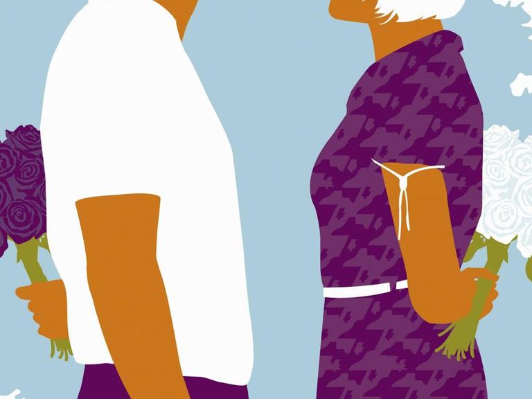 Illustration: Ein Mann und eine Frau stehen sich gegenüber mit Blumenstrauss hinter dem Rücken.