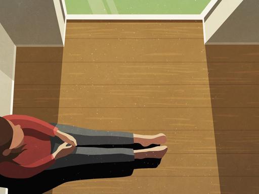 Illustration einer Frau die an einem Fenster sitzt und nach draußen schaut.
