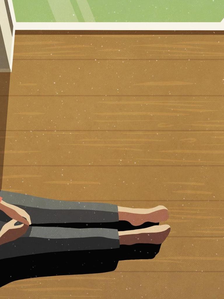 Illustration einer Frau die an einem Fenster sitzt und nach draußen schaut.
