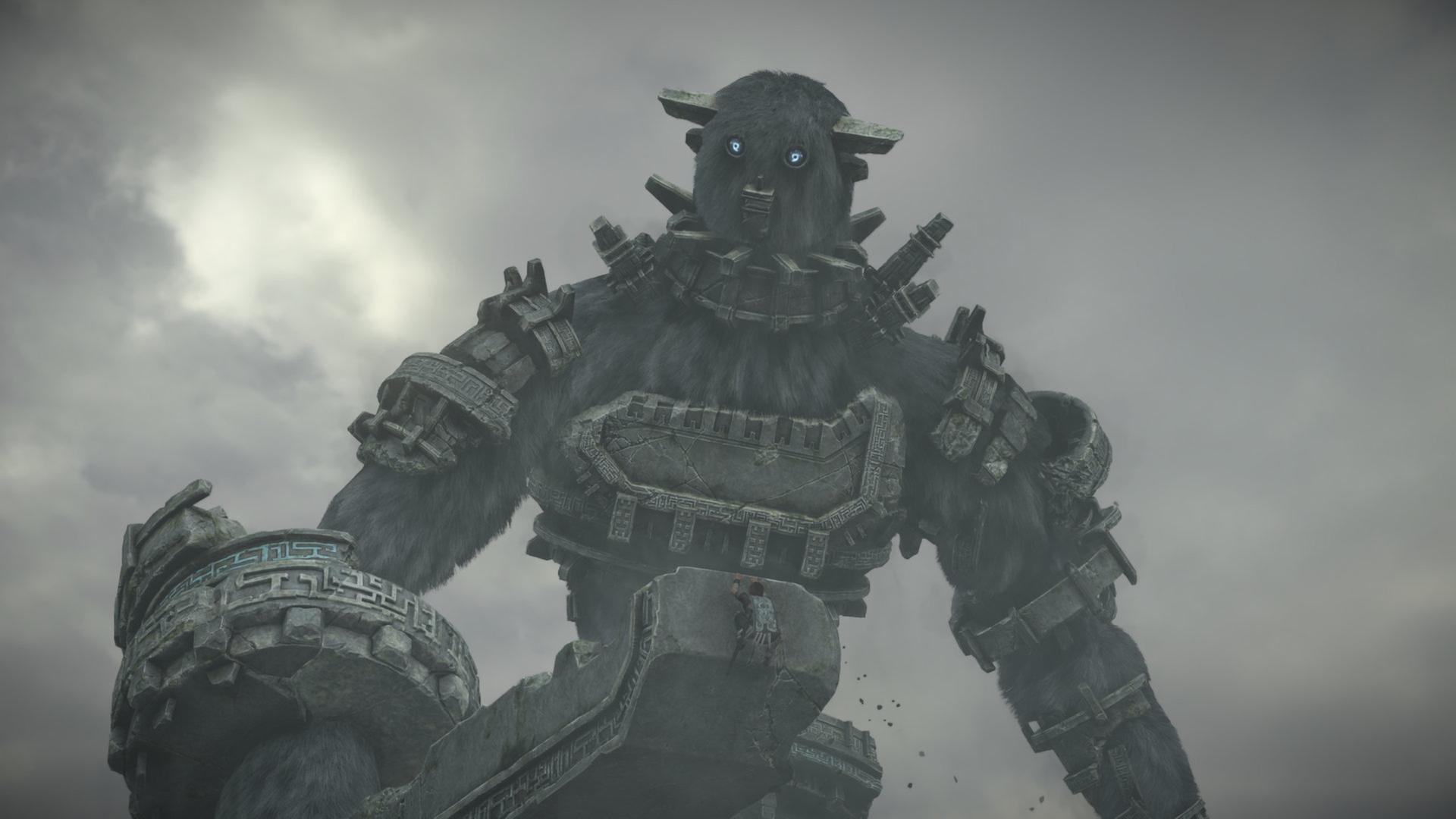 Screenshot aus dem Computrspiel Shadow of the Colossus. es zeigt ein großes Monster und eine sehr kleine Spielfigur Screenshot aus dem Computrspiel Shadow of the Colossus. es zeigt ein großes Monster und eine sehr kleine Spielfigur