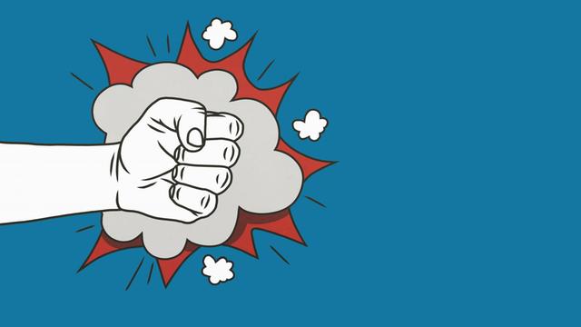 Eine Illustration zeit eine Comic-artige einschlagende Faust mit Sternen und Wolken drumherum auf blauem Hintergrund. Eine Illustration zeit eine Comic-artige einschlagende Faust mit Sternen und Wolken drumherum auf blauem Hintergrund.