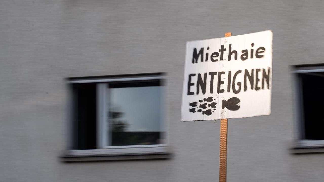 Ein Schild mit der Aufschrift "Miethaie enteignen" wird auf einer Demonstration gegen die Räumung von zwei Wohnungen in Stuttgart hochgehalten. Ein Schild mit der Aufschrift "Miethaie enteignen" wird auf einer Demonstration gegen die Räumung von zwei Wohnungen in Stuttgart hochgehalten.