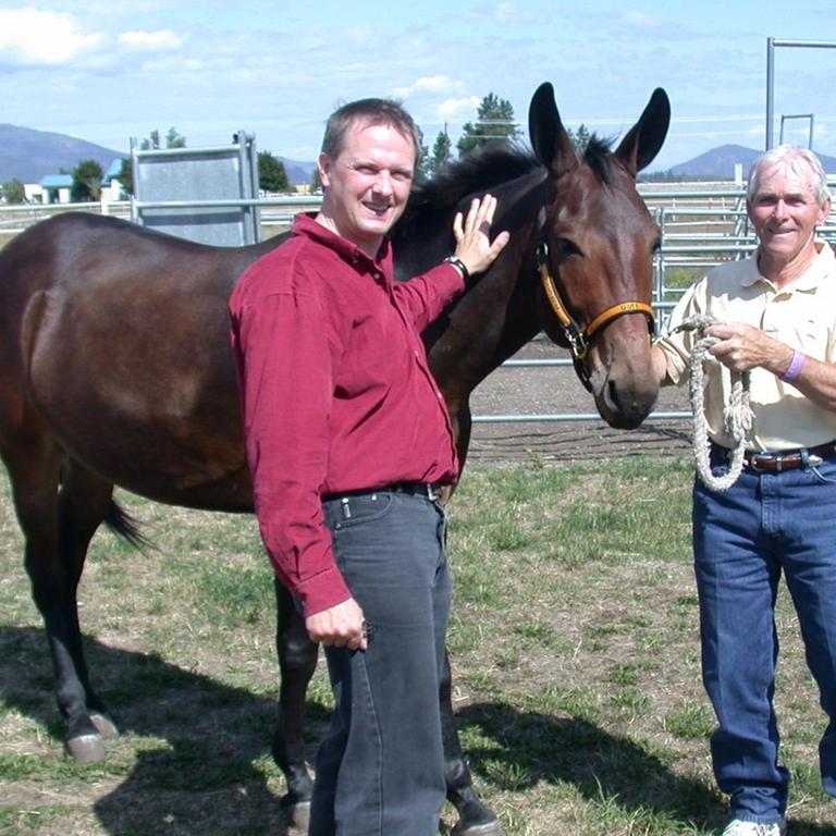 Der Wissenschaftsjournalist Michael Lange (links) mit dem geklonten Maultier Idaho Gem und dem Maultierflüsterer Ed Burdick (rechts) auf einer Farm in Idaho